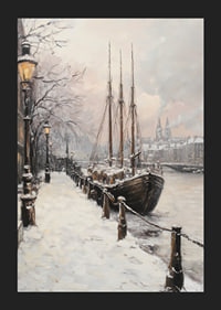 Painted winter harbor with sailboat and snow-covered trees-5