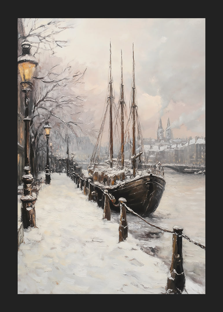 Painted winter harbor with sailboat and snow-covered trees-12