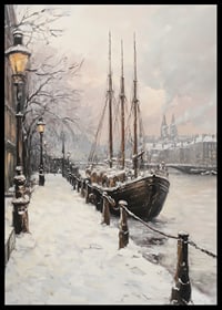 Painted winter harbor with sailboat and snow-covered trees-6