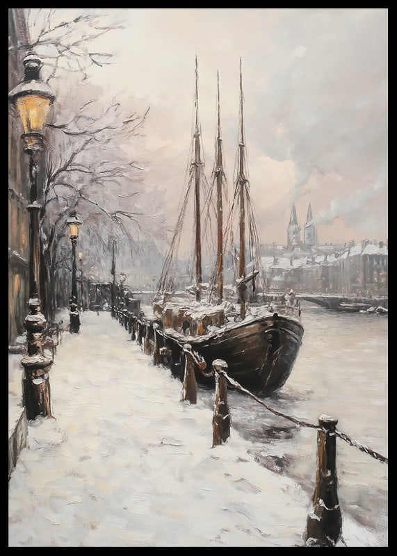 Painted winter harbor with sailboat and snow-covered trees-12