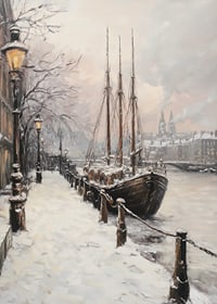 Painted winter harbor with sailboat and snow-covered trees-7