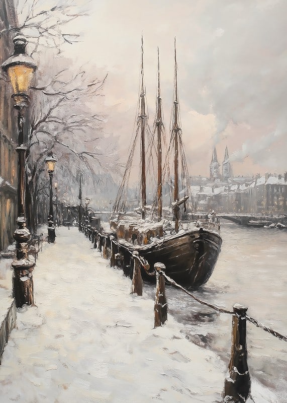 Painted winter harbor with sailboat and snow-covered trees-12