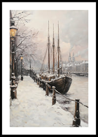 Painted winter harbor with sailboat and snow-covered trees-0