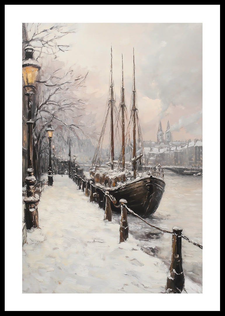 Painted winter harbor with sailboat and snow-covered trees-12
