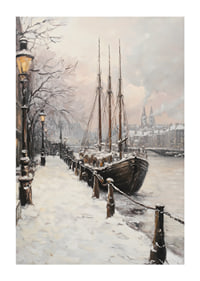Painted winter harbor with sailboat and snow-covered trees-1