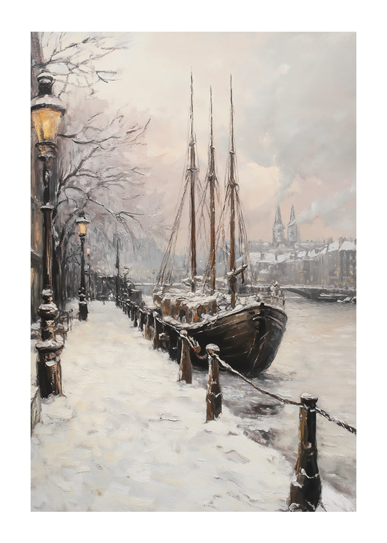 Painted winter harbor with sailboat and snow-covered trees-12