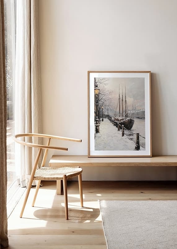 Painted winter harbor with sailboat and snow-covered trees-12