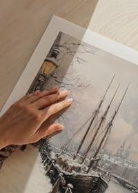 Painted winter harbor with sailboat and snow-covered trees-9