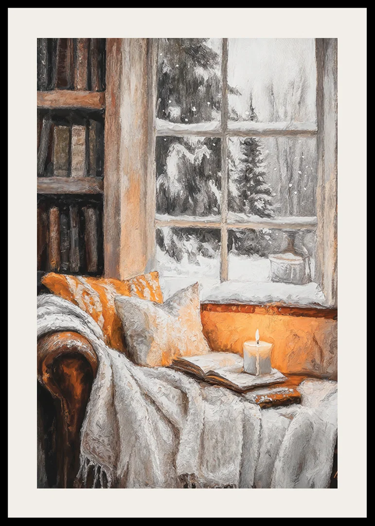 Painted reading corner with lit candle, book and winter window-12
