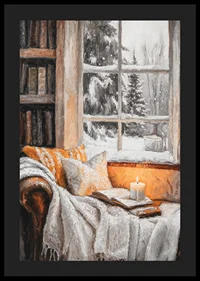 Painted reading corner with lit candle, book and winter window-4