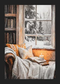 Painted reading corner with lit candle, book and winter window-5