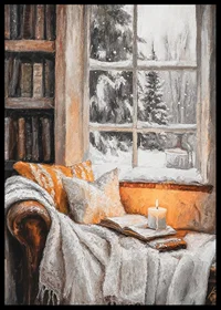Painted reading corner with lit candle, book and winter window-6
