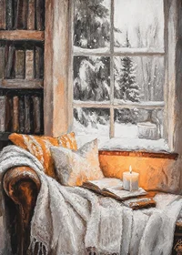 Painted reading corner with lit candle, book and winter window-7