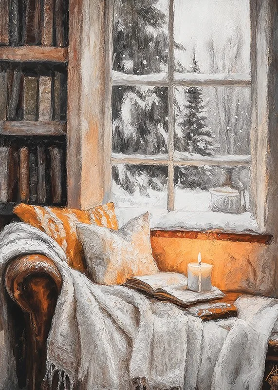 Painted reading corner with lit candle, book and winter window-12
