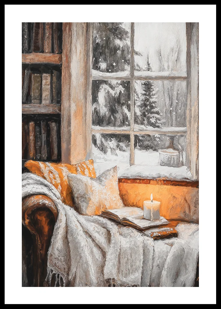 Painted reading corner with lit candle, book and winter window-12