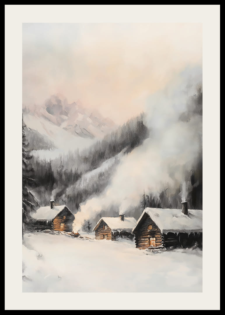 Maľovaná zimná dedina so zrubovými chatkami a zasneženými horami-12