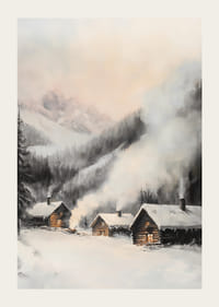 Maľovaná zimná dedina so zrubovými chatkami a zasneženými horami-3