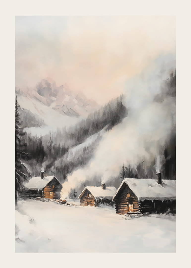Maľovaná zimná dedina so zrubovými chatkami a zasneženými horami-12