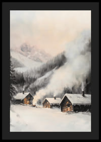 Maľovaná zimná dedina so zrubovými chatkami a zasneženými horami-4