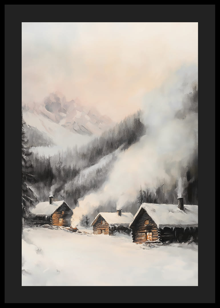 Maľovaná zimná dedina so zrubovými chatkami a zasneženými horami-12