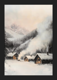 Maľovaná zimná dedina so zrubovými chatkami a zasneženými horami-5