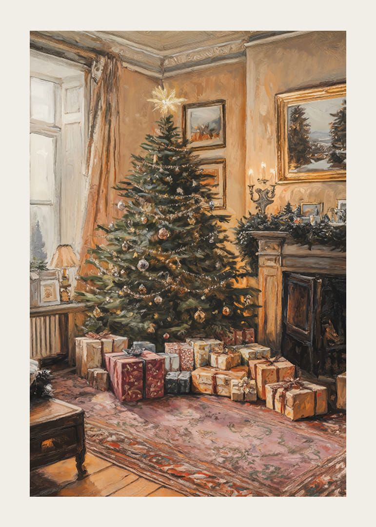 Painted Christmas tree with presents in classic living room-12