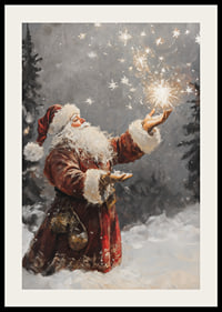 Painted elf in red costume with sparkling stars in snowy forest-2