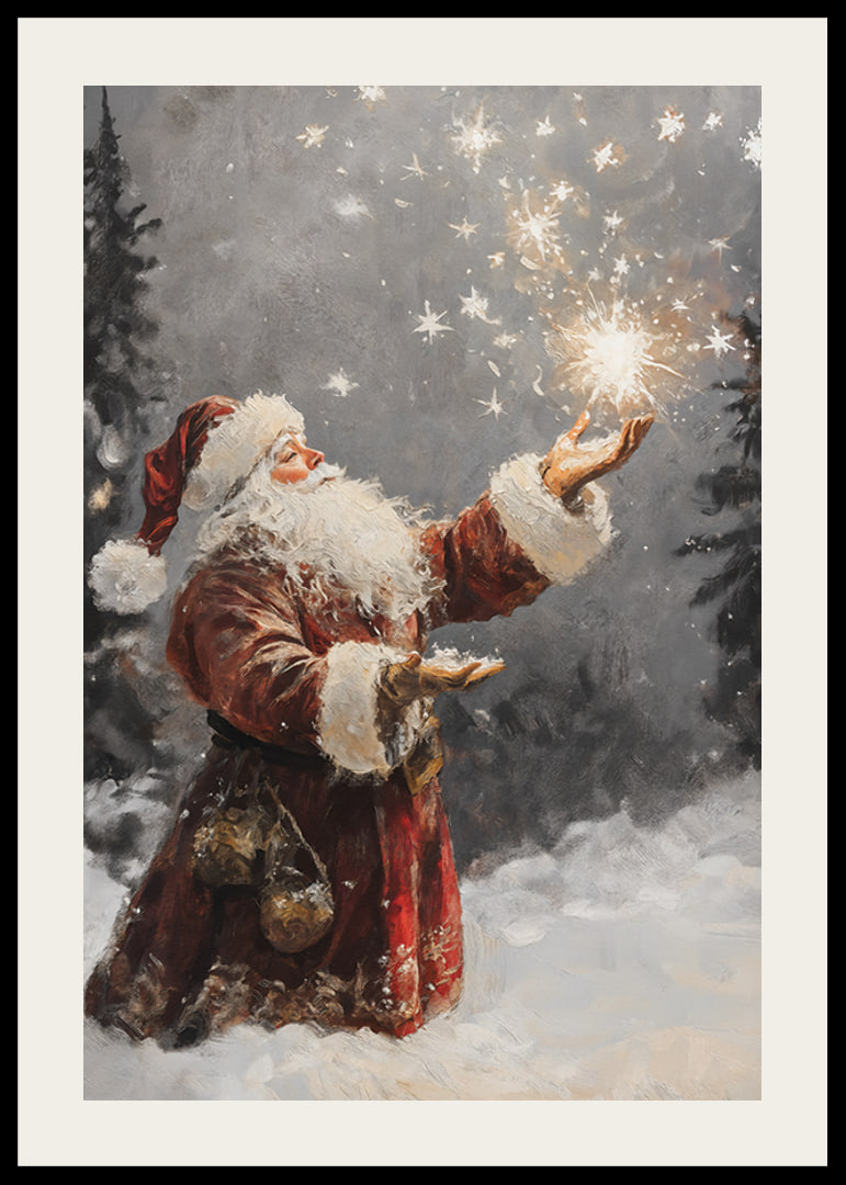 Painted elf in red costume with sparkling stars in snowy forest-12