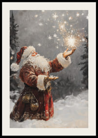 Maľovaný škriatok v červenom kostýme s trblietavými hviezdami v zasneženom lese-2