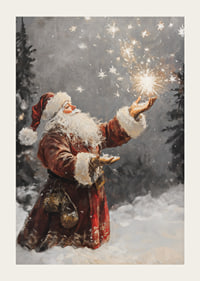 Painted elf in red costume with sparkling stars in snowy forest-3