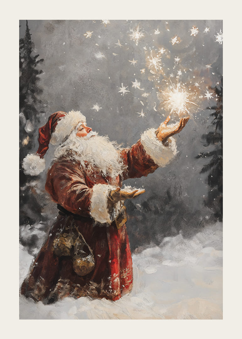 Maľovaný škriatok v červenom kostýme s trblietavými hviezdami v zasneženom lese-12