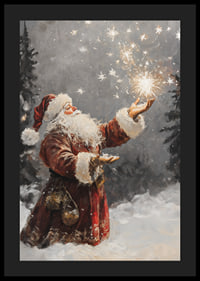 Painted elf in red costume with sparkling stars in snowy forest-4