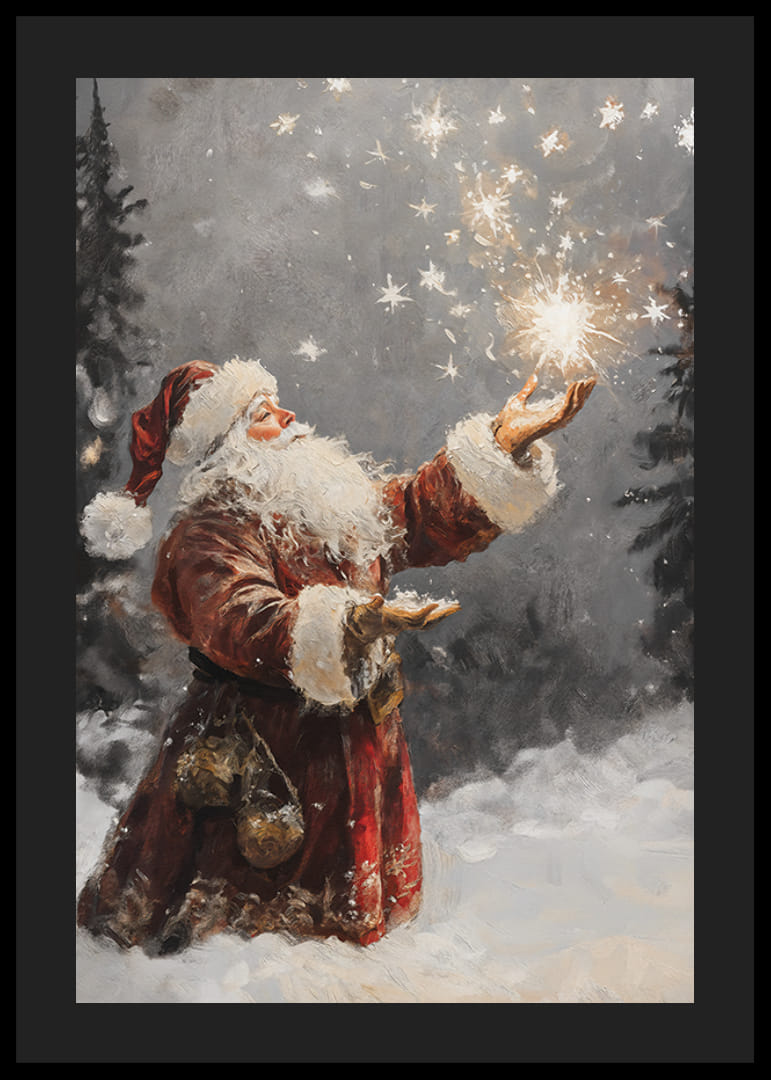 Maľovaný škriatok v červenom kostýme s trblietavými hviezdami v zasneženom lese-12