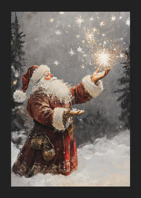 Painted elf in red costume with sparkling stars in snowy forest-5