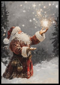 Painted elf in red costume with sparkling stars in snowy forest-6