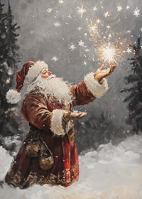 Painted elf in red costume with sparkling stars in snowy forest-7