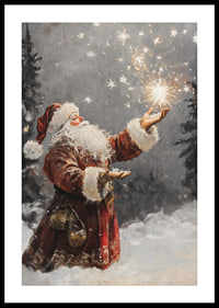 Painted elf in red costume with sparkling stars in snowy forest-0