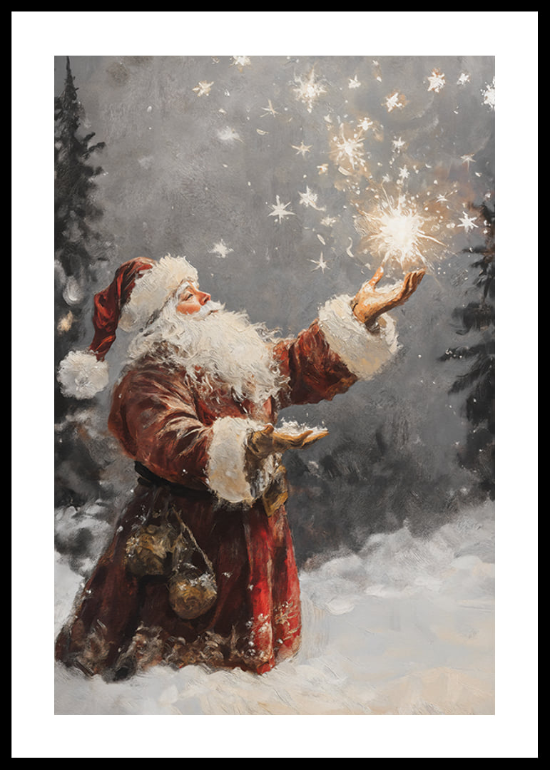 Painted elf in red costume with sparkling stars in snowy forest-12