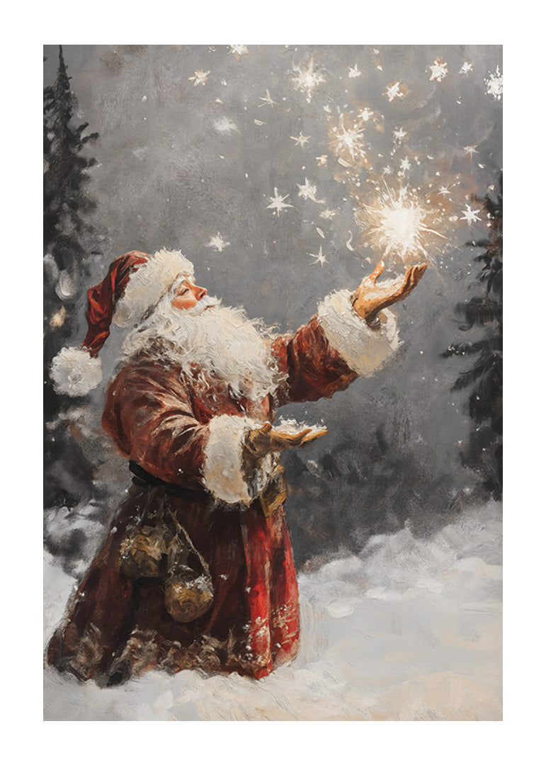 Painted elf in red costume with sparkling stars in snowy forest-12
