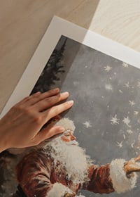 Painted elf in red costume with sparkling stars in snowy forest-9