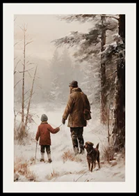 Illustrated adult and child with dog in snowy forest environment-2