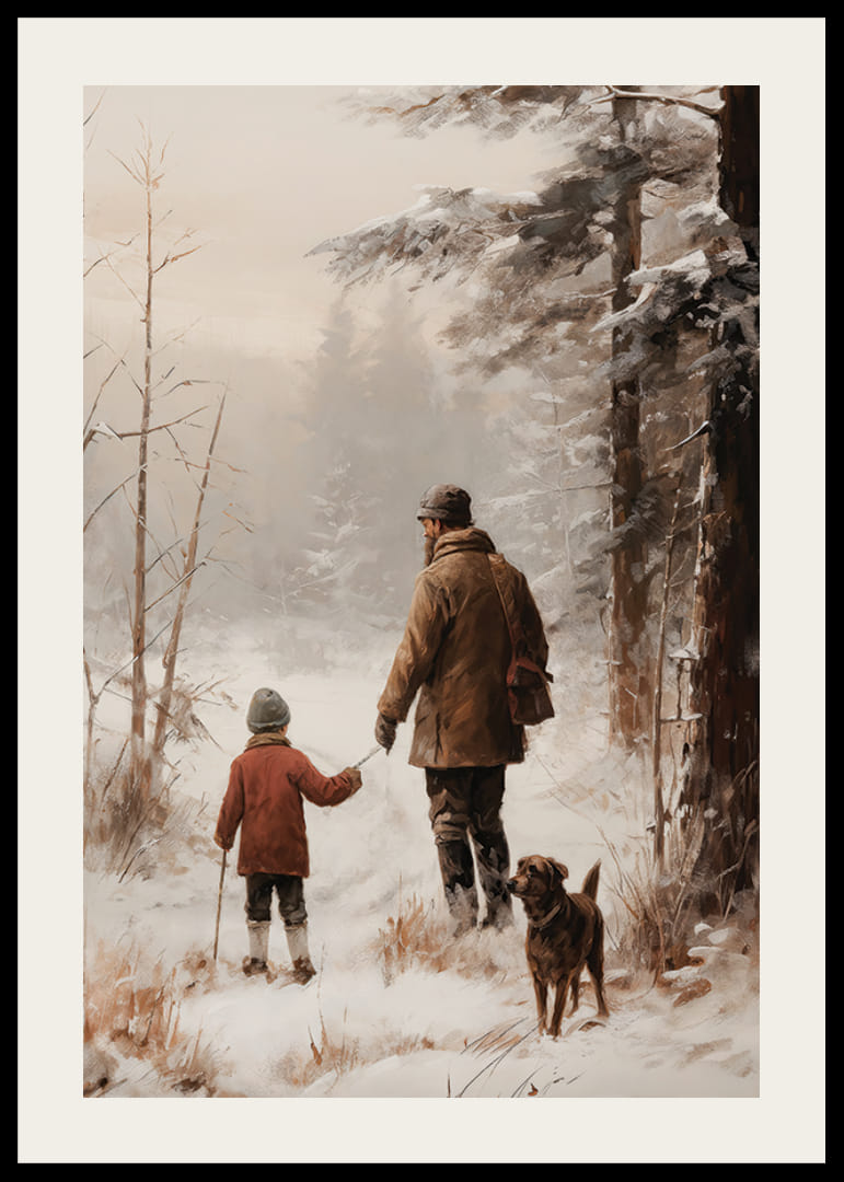 Adulto y niño ilustrados con perro en un entorno de bosque nevado.-12