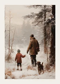 Illustrated adult and child with dog in snowy forest environment-3