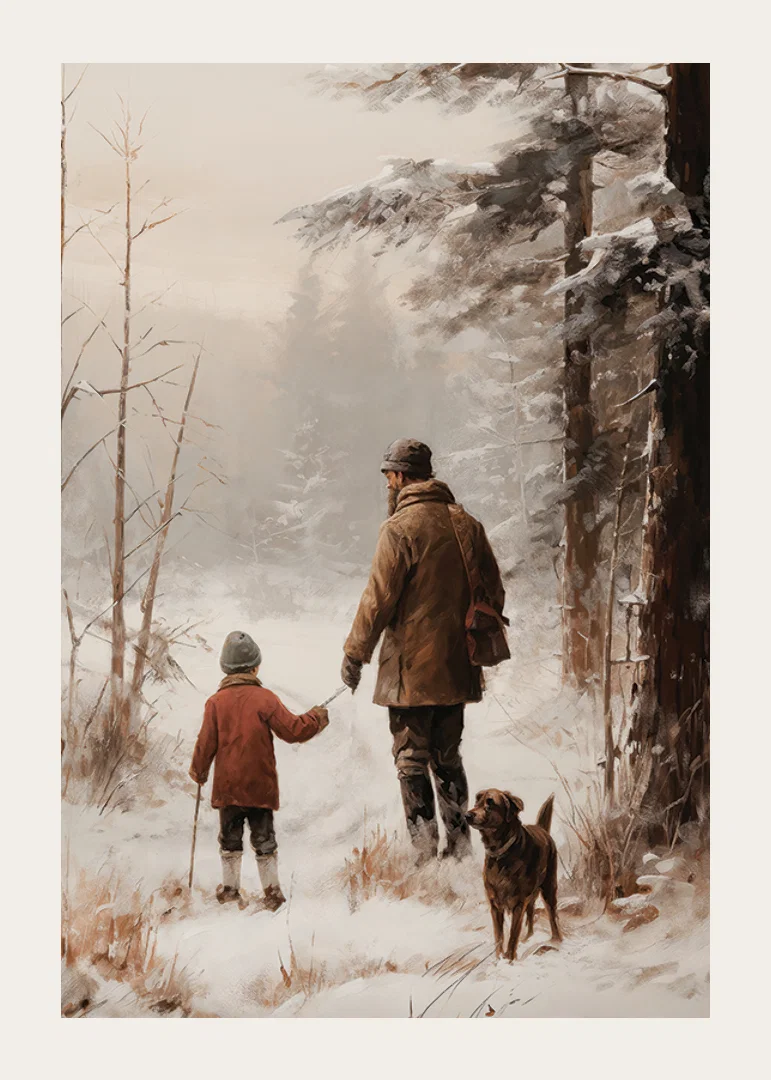 Illustrated adult and child with dog in snowy forest environment-12