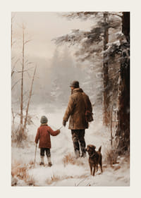 Adulto y niño ilustrados con perro en un entorno de bosque nevado.-3