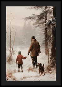Illustrated adult and child with dog in snowy forest environment-4