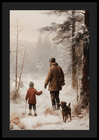 Adulto y niño ilustrados con perro en un entorno de bosque nevado.-4