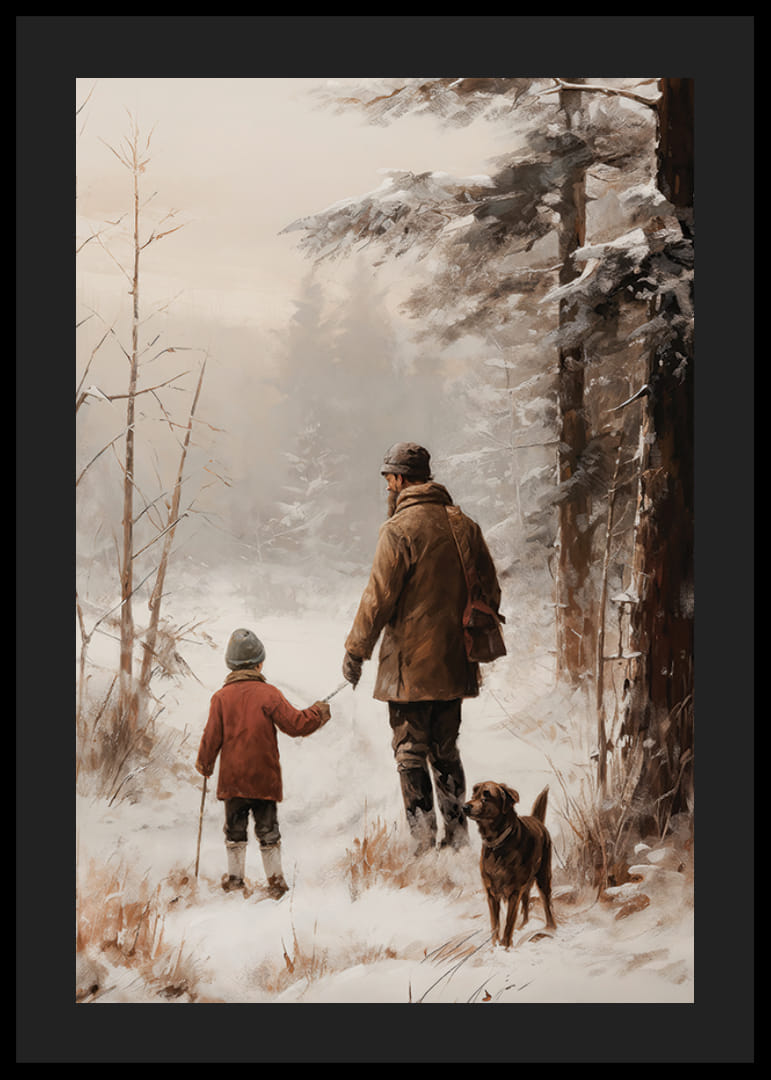 Adulto y niño ilustrados con perro en un entorno de bosque nevado.-12