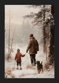 Illustrated adult and child with dog in snowy forest environment-5