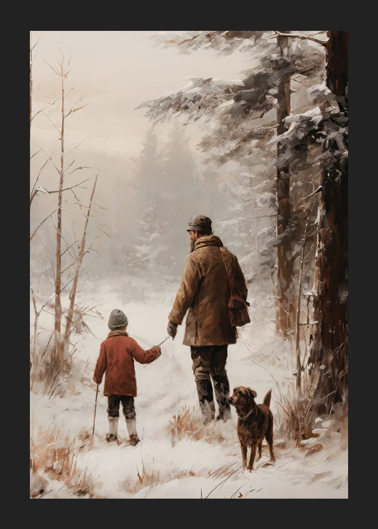 Illustrated adult and child with dog in snowy forest environment-12